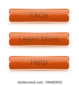 Orange long buttons. Learn more, FAQs, Help. Vector 3d illustration isolated on white background