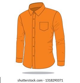 Orange Long Sleeve Dress Shirt With One Pocket Template On White Background, Vector File