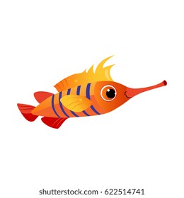 Orange longnose fish. Sea, tropical, aquarium fish. Colorful cartoon character