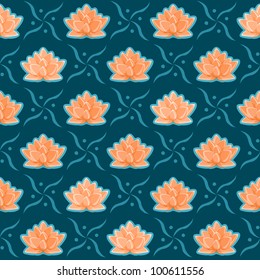Orange Lotus Flower Seamless Pattern. Floral Texture on Dark Blue Background