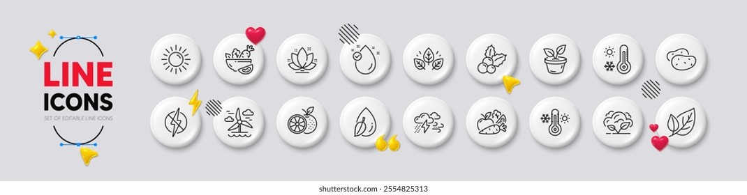 Orange, Lotus and Organic tested line icons. White buttons 3d icons. Pack of Salad, Vitamin e, Thermometer icon. Weather thermometer, Sun, Vegetables pictogram. Antistatic, Water drop, Co2 gas. Vector