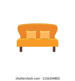 Orange loveseat with 2 pillows. Double sofa. Vector illustration. Flat icon of settee. Element of modern home & office furniture. Front view.