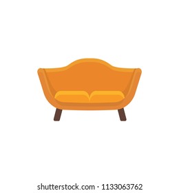 Orange loveseat. 2 seaters sofa. Vector illustration. Flat icon of settee. Element of modern home & office furniture. Front view.