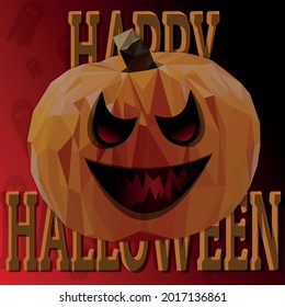 Orange low poly haunted pumpkin with dark background. Jack-o-lantern. Happy halloween. Vector cartoon illustration.