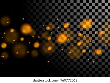 Partículas luminosas de color naranja iluminan el fondo transparente a cuadros. Diseño de brillo de vectores