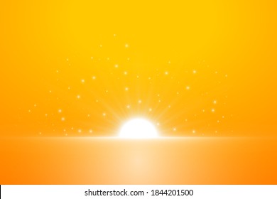 Orange luminous flux from sunrise. Bright rays of the sun and brilliant sparkling flares, stars. Abstract light effect on a gold background.