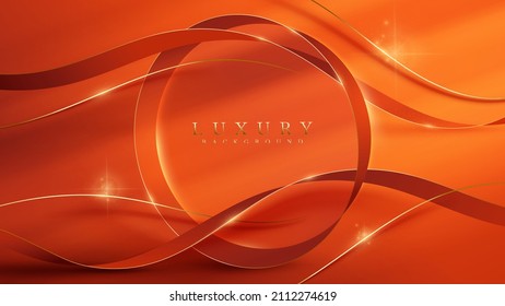 Orange luxury background with circle frame decoration and golden 3d ribbon and glitter light effect element.