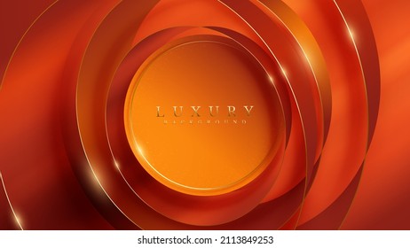 Orange Luxury Background With Circle Frame Decoration And Golden 3d Ribbon And Glitter Light Effect Element.