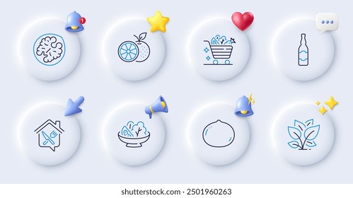 Orange, Macadamia nut and Vegetables cart line icons. Buttons with 3d bell, chat speech, cursor. Pack of Walnut, Salad, Leaf icon. Beer bottle, Food delivery pictogram. For web app, printing. Vector