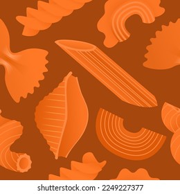 Orange macaroni set. Vector illustration seamless pattern with flat dry Italian macaroni of various kinds, pasta, fusilli, conchiglio, rigatoni, farfalle, penne isolated on orange background