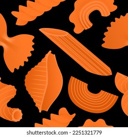 Orange macaroni set. Vector illustration seamless pattern with flat dry Italian macaroni of various kinds, pasta, fusilli, conchiglio, rigatoni, farfalle, penne isolated on black background