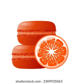 Orange macarons with a slice of orange.Highly detailed dessert,macaroon, sweets, menu design, restaurants shop.Gradient macarons.Vector illustration.