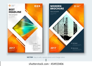Orange Magazine cover design. Corporate business template for brochure, report, catalog. Layout with modern square photo and abstract triangle background. Creative poster, flyer or banner concept
