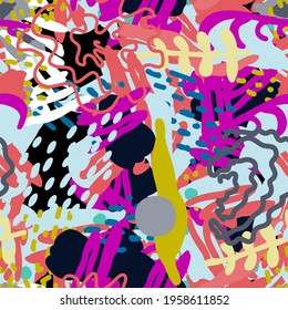 Orange and Magenta Brush Summer Vector Seamless Pattern. Grunge Doodle Illustration. Pink and Yellow Floral Design. Art Element Print.