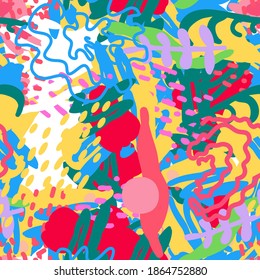 Orange and Magenta Drawing Artistic Vector Seamless Pattern. African Shape Texture. Bright Textile Print. Artist Artwork Design.