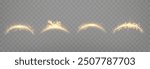 Orange magic arches set, with glowing particles, sunlight lens flare. Neon realistic energy flare arch. Abstract light effect on a transparent background. Vector illustration.