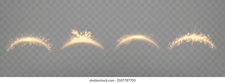 Orange magic arches set, with glowing particles, sunlight lens flare. Neon realistic energy flare arch. Abstract light effect on a transparent background. Vector illustration.