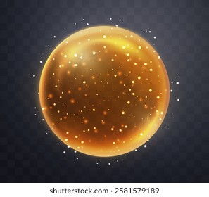 Orange magic fantasy sphere. Crystal ball with glowing sparkles and particles. Energy orb with glow flare light effect. Isolated on transparent background. Vector illustration.