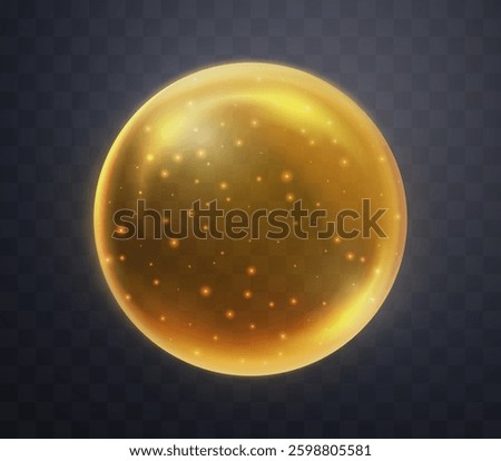Orange magic fantasy sphere. Crystal ball with glowing sparkles and particles. Energy orb with glow flare light effect. Isolated on transparent background. Vector illustration.