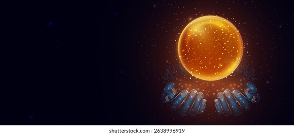 Orange magic fantasy sphere in hands. Crystal ball with glowing sparkles and particles. Energy orb with glow flare light effect. Vector illustration.