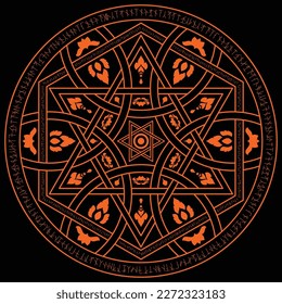 Orange magic incantation circle with cross over hexagon and circle which contains fantasy alphabets spell (named Fotonth)