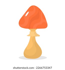 Orange magic mushroom with slices on orange stem. Fairytale mushroom in flat cartoon style. Illustration for fairy tales and games. Isolated on white background.