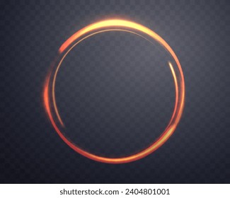 Anillo de magia naranja con brillo. Sonido de halo de la bengala de energía realistas. Efecto abstracto de la luz sobre un fondo transparente oscuro. Ilustración vectorial.