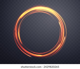 Anillo mágico naranja con partículas brillantes. Anillo de halo de energía realista de neón. Efecto de luz abstracta sobre un fondo transparente oscuro. Ilustración vectorial.