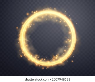 Orangefarbener Zauberring mit leuchtenden Teilchen. Neon realistische Energie Fackel Halo Ring. Abstrakter Lichteffekt auf dunklem, transparentem Hintergrund. Vektorgrafik.