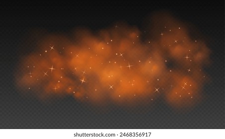 Orange magic smoke with stars and sparkles, fog with glowing particles, colorful vapor with star dust. Fantasy haze overlay. Vector illustration.