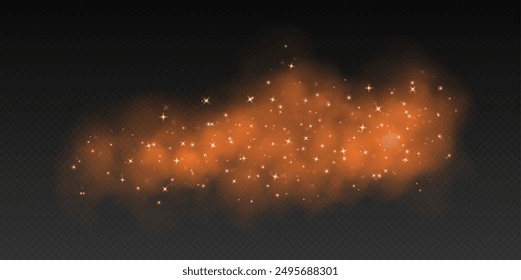 Humo mágico naranja con estrellas y destellos, niebla con partículas brillantes, vapor colorido con polvo de estrellas. Neblina de fantasía superpuesta. Ilustración vectorial.