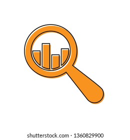Orange Magnifying glass and data analysis icon isolated on white background. Vector Illustration