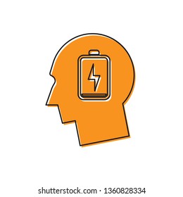 Orange Male head with low battery icon isolated on white background. Tired man. Vector Illustration