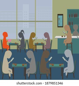 Orange man in a cafe with a flower. All people with smartphones. They don't notice anything around them.