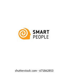 Orange man had with spiral inside symbolizing think, mind, brain and smart people. Vector isolated unusual logo.