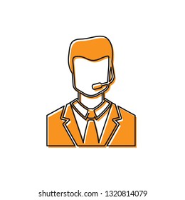 Orange Man with a headset icon isolated on white background. Support operator in touch. Concept for call center, client support service. Vector Illustration