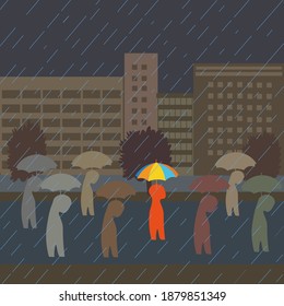The orange man with the rainbow umbrella. When everything is dark and gray. It's raining.