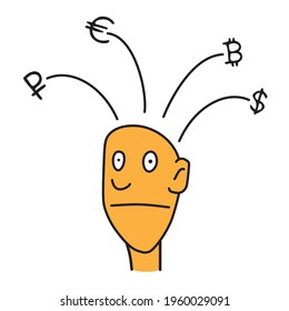 orange man thinking hard about choosing currency, vector illustration