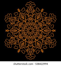 orange mandala on black background. Ethnic decorative elements. Hand drawn background. Islam, Arabic, Indian, ottoman motifs. contour, adult coloring, design, coloring page, embroidery, vector