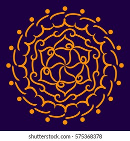 Orange mandala on a dark blue background. Vector illustration