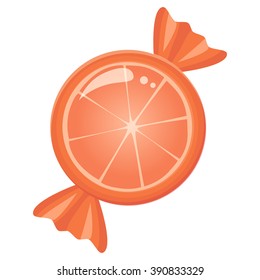 Orange mandarin candy sugar drop in a wrapper. Vector illustration 
