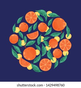 Orange mandarin citrus fruits and leafs round shape vector decorative design