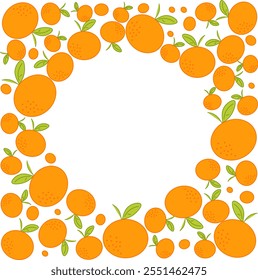 Diseño gráfico dibujado a mano de fruta de mandarina naranja. Ilustración vectorial. Diseño, paquete, ilustración del folleto. marco redondo del círculo en cuadrado. Elementos de diseño para el diseño de envases y otros.