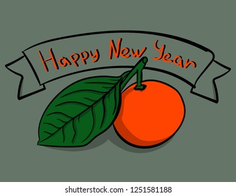Orange mandarin with leaf on a gray background. New Year eps 10 illustration