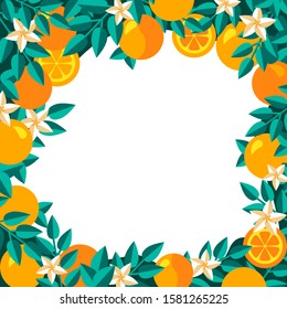Orange or mandarin tree with leaves, branches and flowers. Decorative border, frame with citrus fruits. Exotic botanical design for menu, invitation, poster, sale banner with copy space for your text.