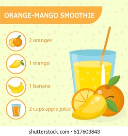 Orange and mango smoothie recipe with ingredients. Smoothies, milkshake recipe. Healthy smoothies recipe. Detox smoothie recipe. Organic raw Shake, healthy drinks. Healthy diet. Vector illustration