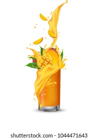 Orange mango yellow multi fruit cocktail. Splash swirl in the realistic glass. Mango slices falling into the glass cup isolated on white. Vector.