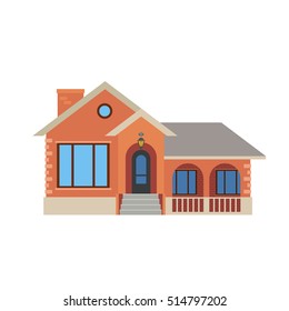 An orange mansion with large glass windows and a staircase