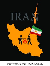 An orange map of Iran, with two black figures in the center: a soldier with a rifle, aiming at a citizen holding the flag of the Shah's state. A broken minaret is in the background.