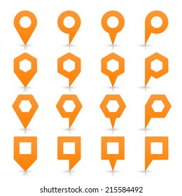 Orange map pin sign location icon with empty copy space and gray shadow, reflection on white background  in simple flat style. Web design element save in vector illustration 8 eps